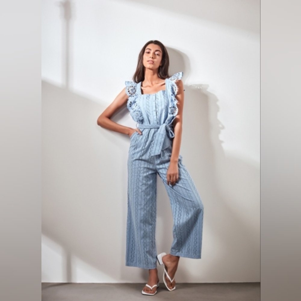 Blue Ruffled Chambray Jumpsuit with Wide-Leg Pants